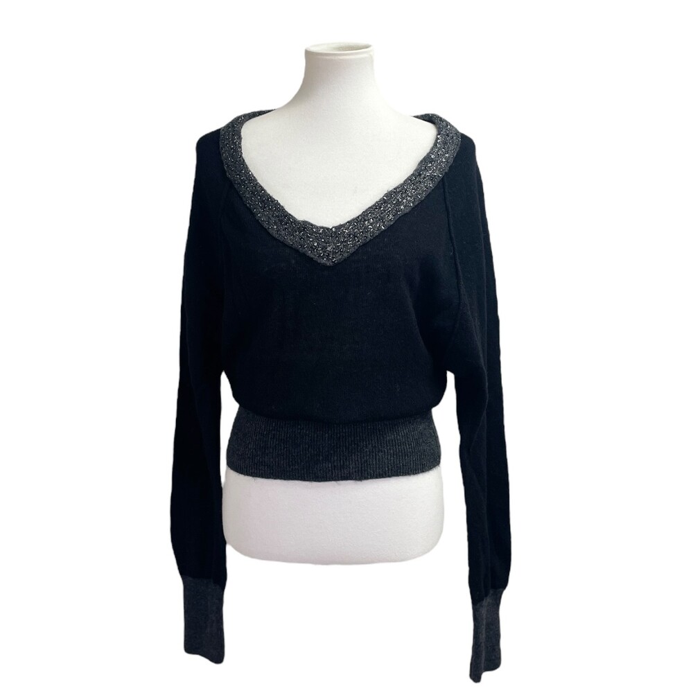 Free People Deep V Neck Sweater. Large. Wool Blend slouchy grey gray black shiny